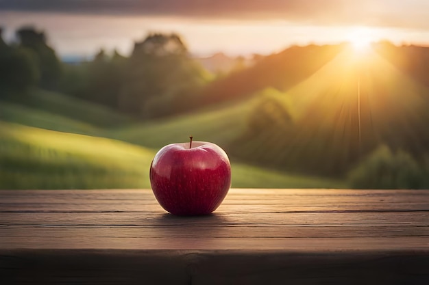 une pomme rouge sur une table en bois avec un coucher de soleil en arrière-plan.