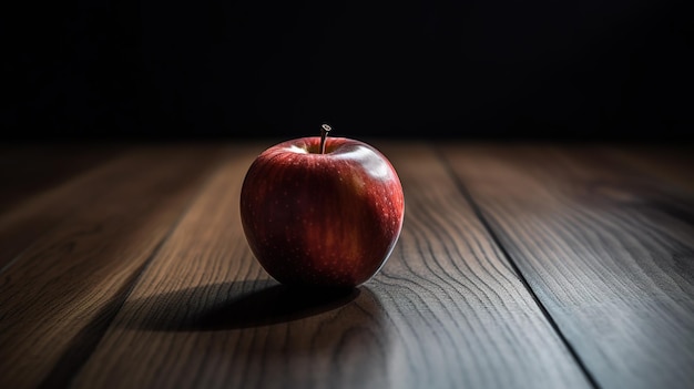 Une pomme rouge sur une table en bois avec un fond noir