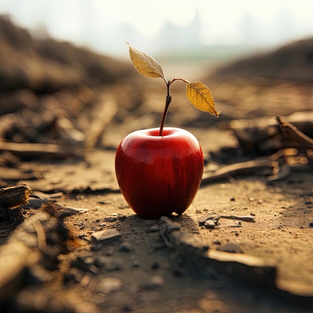 une pomme rouge avec une tige qui en sort.