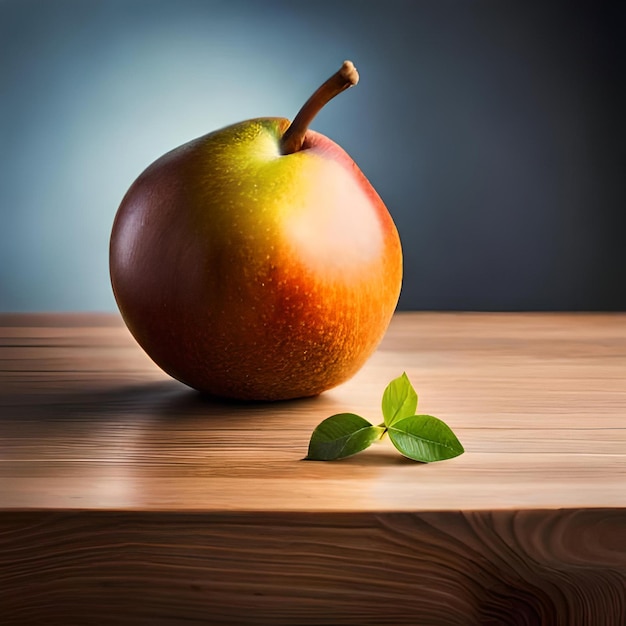 Une pomme rouge avec une tige verte et des feuilles sur une table