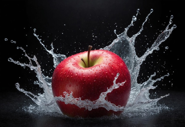 Une pomme rouge tombant du haut et créant des éclaboussures d'eau isolées sur un fond noir