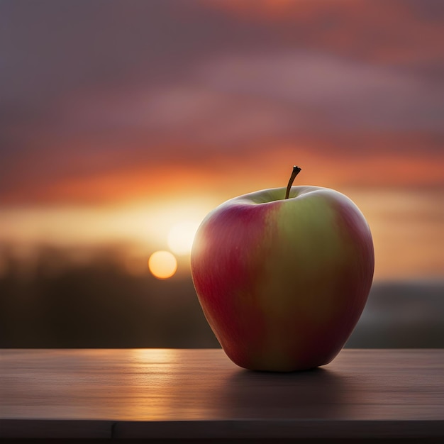 Une pomme sur une table avec un coucher de soleil en arrière-plan