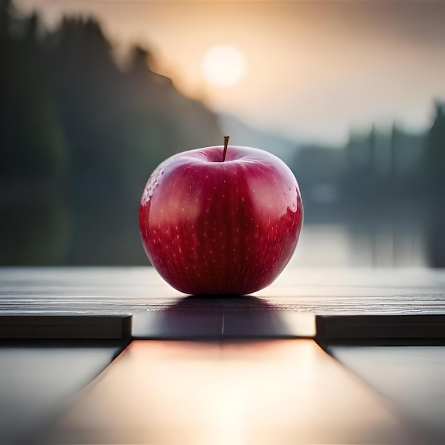 Une pomme sur une table avec le soleil derrière elle