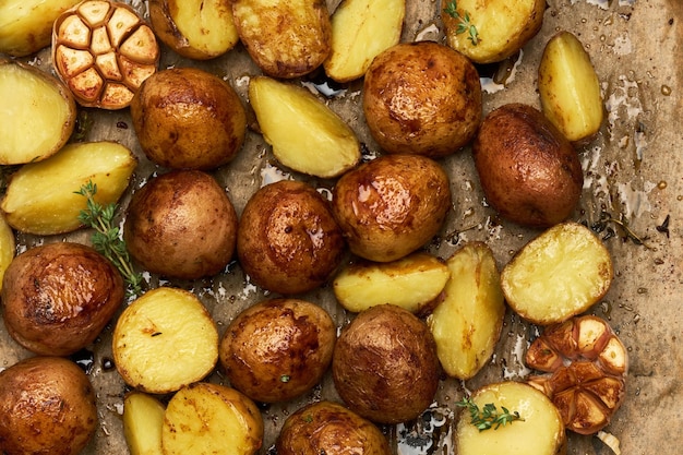 Photo pomme de terre au four épicée dans un plateau avec du romarin et de l'ail sur une couche de parchemin