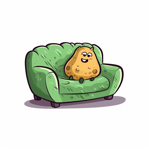 une pomme de terre de dessin animé assise sur un canapé vert avec un oreiller génératif ai