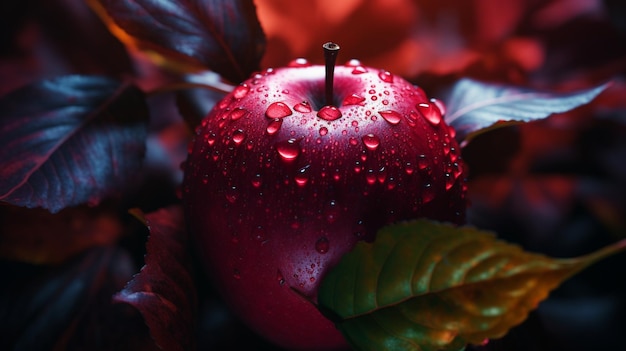 Une pomme de velours rouge avec une feuille et une goutte d'eau à l'arrière-plan sombre