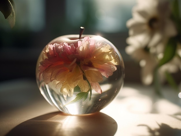 Une pomme en verre avec une fleur à l'intérieur