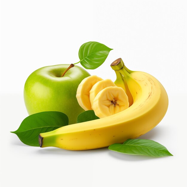 Une pomme verte, une banane jaune sur une table blanche.