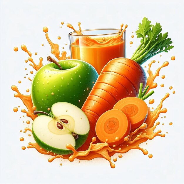 Pomme verte et carotte orange dans un éclaboussure de jus fraîchement pressé sur un fond blanc