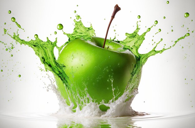 Pomme verte dans une éclaboussure d'eau Explosion de liquide clair et de gouttelettes sur fond blanc générée par l'IA