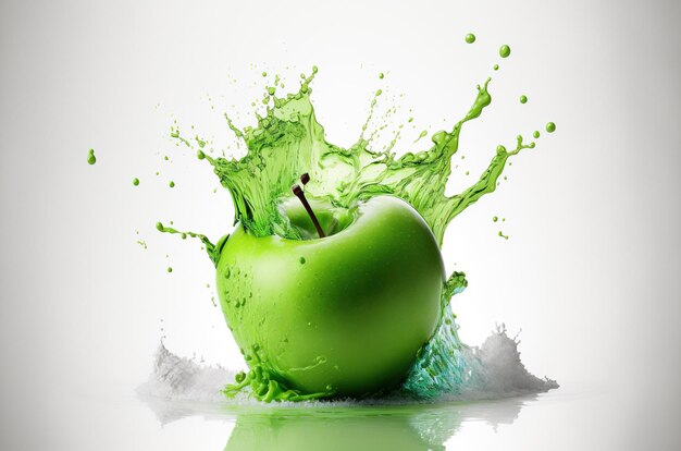 Pomme verte dans une éclaboussure d'eau Explosion de liquide clair et de gouttelettes sur fond blanc générée par l'IA
