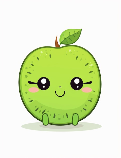 Pomme verte de dessin animé avec des yeux et une feuille sur sa tête ai générative
