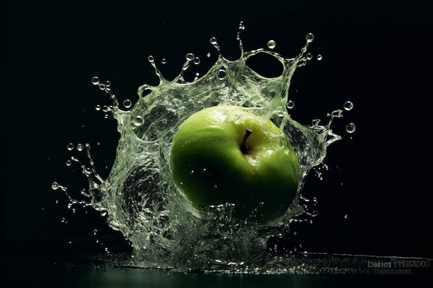 Pomme verte avec éclaboussure d'eau isolée sur fond noir Fruits frais