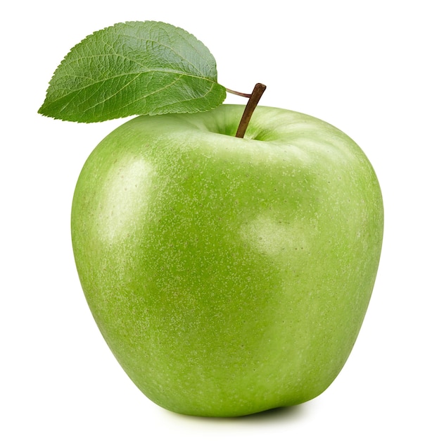 Photo pomme verte fraîche avec feuille isolée sur fond blanc. chemin de détourage pomme