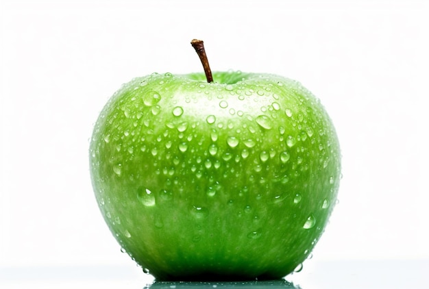 Une pomme verte avec des gouttelettes d'eau dessus