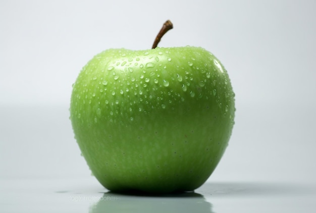 Une pomme verte avec des gouttelettes d'eau dessus