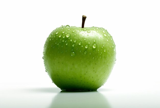 Une pomme verte avec des gouttelettes d'eau dessus