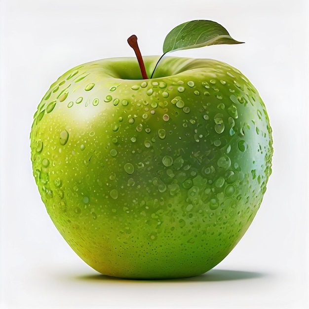 Une pomme verte avec des gouttelettes d'eau dessus