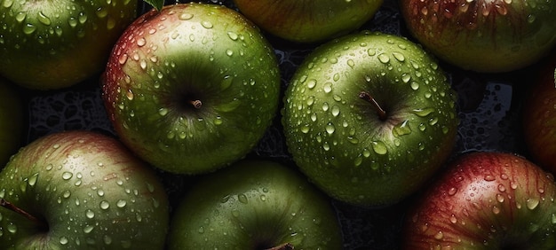 Une pomme verte avec des gouttelettes d'eau dessus