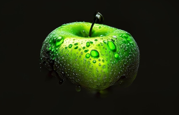 Pomme verte avec des gouttelettes d'eau studio fond noir clair