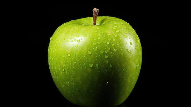 Une pomme verte avec des gouttes d'eau dessus