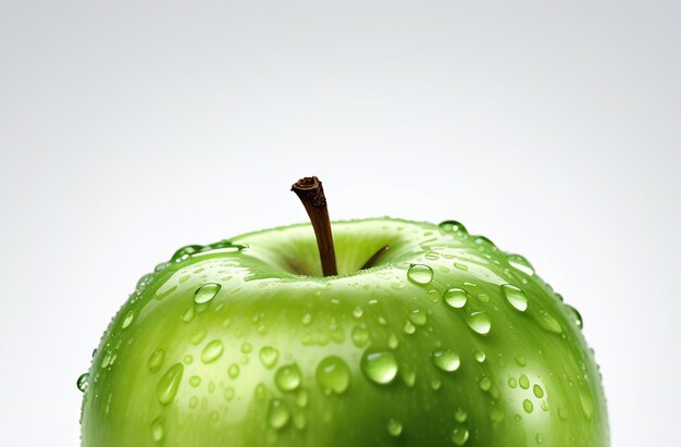 Pomme verte juteuse avec des gouttes d'eau sur un fond vert