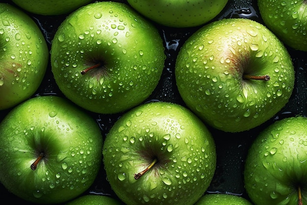 Une pomme verte recouverte de gouttes d'eau Arrière-plan de la pomme