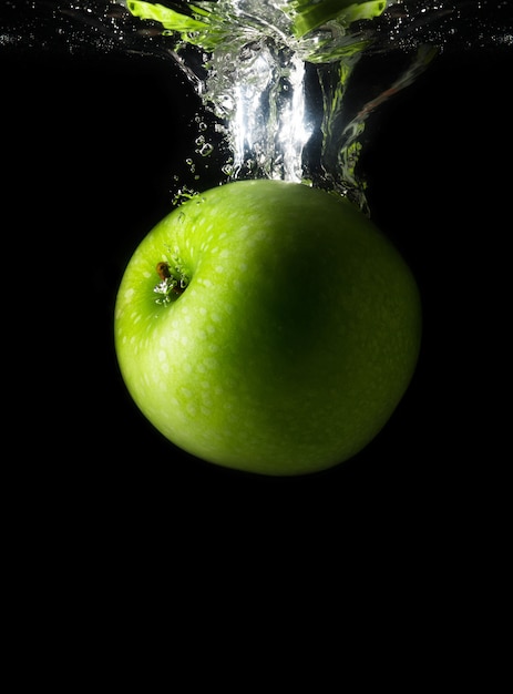 Pomme verte tombant dans l'eau