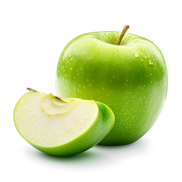 Pomme verte avec la tranche enlevée sur fond blanc