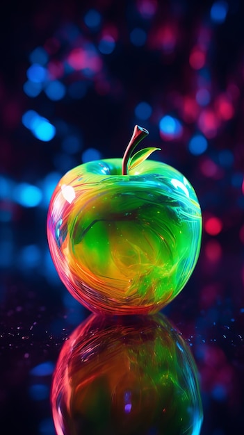 Une pomme vibrante sur une surface réfléchissante brillante