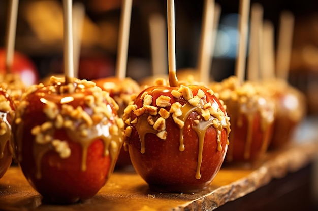 Pommes au caramel faites maison avec noix et miel sur un support en bois