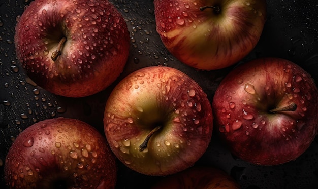 Des pommes au miel, des gouttes d'eau, un fond sombre, une IA générative.