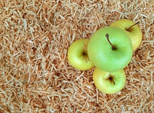 Pommes blanches sur fond de sciure de bois