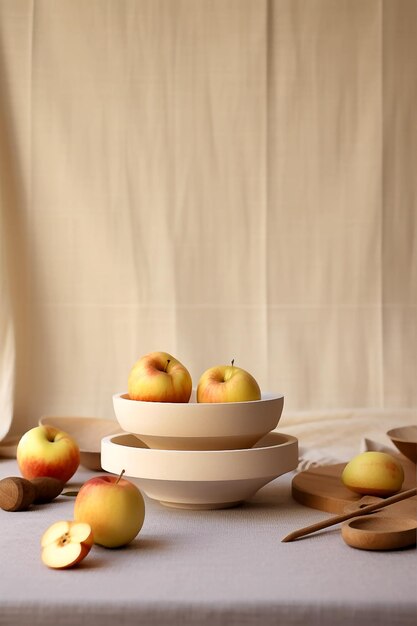 Pommes sur bol beige sur table avec textile au-dessus d'un mur beige