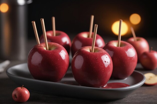 Des pommes de bonbons rouges sur un bâton sur une assiette en céramique