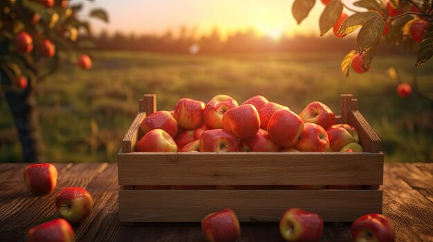 Pommes dans une caisse en bois sur une table au coucher du soleil dans un concept d'automne et de récolte