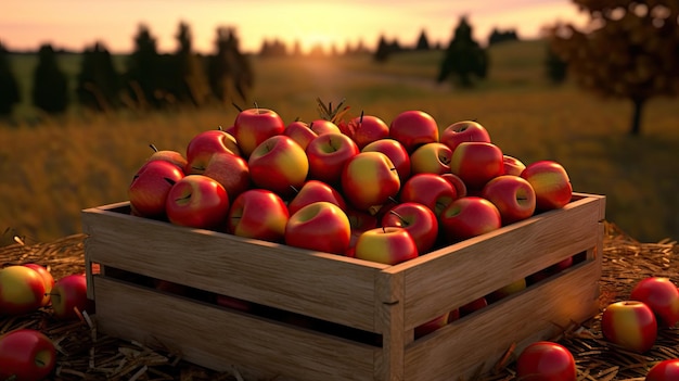 Pommes dans une caisse en bois sur une table au coucher du soleil dans un concept d'automne et de récolte