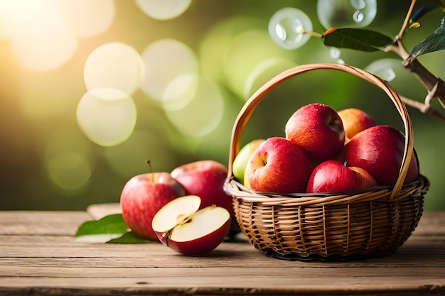 Pommes dans un panier avec un soleil qui brille sur le fond