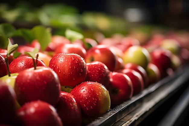 Des pommes dans une usine de transformation alimentaire propres et fraîches prêtes à être emballées automatiquement