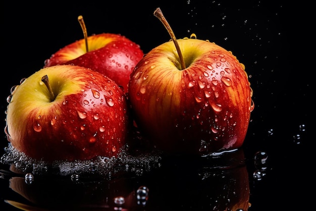 Pommes avec des éclaboussures d'eau dessus sur fond noir