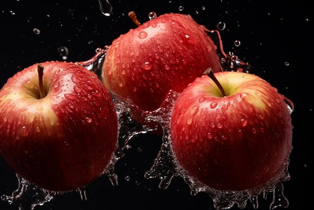 Pommes avec des éclaboussures d'eau dessus sur fond noir