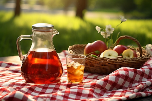 Des pommes fraîches et une cruche de jus de pomme sur une couverture de pique-nique