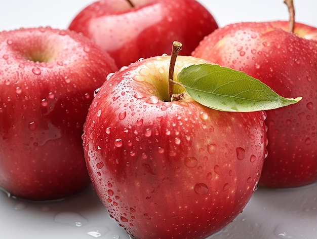 Des pommes fraîches sur fond blanc ornées de feuilles