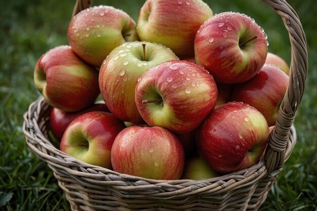 Pommes fraîches avec des gouttes d'eau dans le panier