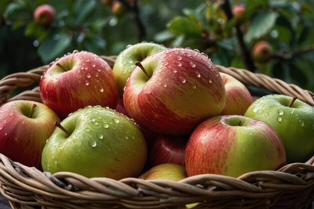 Photo pommes fraîches avec des gouttes d'eau dans le panier