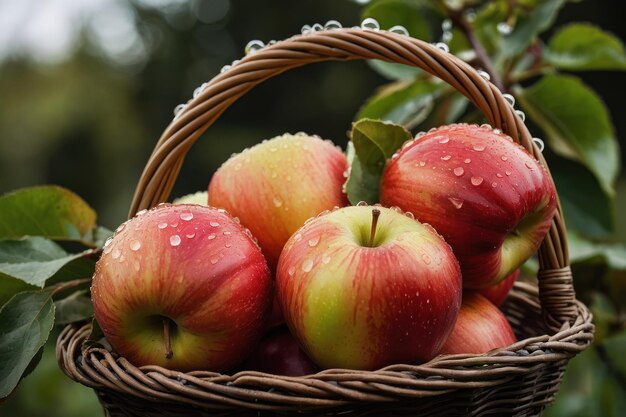 Photo pommes fraîches avec des gouttes d'eau dans le panier