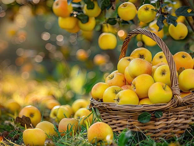 Pommes jaunes dans le panier Pommes riches récolte bannière Fruits mûrs dans le jardin sur l'herbe sous le pommier