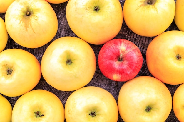 Pommes jaunes et rouges sur la vieille table en bois fond d'automne Le concept d'un régime alimentaire sain