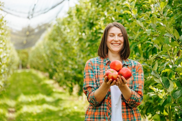 Des pommes juteuses entre les mains d'une jeune femme jardinier se tient dans un jardin où les pommiers poussent le gi