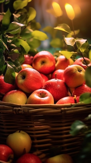 Pommes juteuses sur un plateau en osier entouré de feuilles d'automne tombées Belle branche avec IA générative